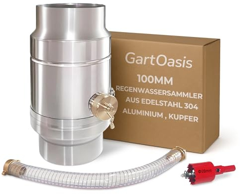 Colector de Agua de Lluvia de 100 mm, Recogedor de Agua de Acero Inoxidable y Aluminio para Bajante DN100, con Manguera de 45 cm y Conexión para Depósito, Doble Pared