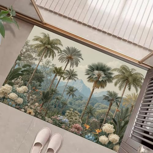 Door Mat Reed Color Washable Tropical Palm Tree Bird of Paradise Area Rug 32 x 47 Doormats Non Slip Retro Botanical Low Pile Small Carpet for Entrance Bedroom Dining Room Kitchen Bedside Office