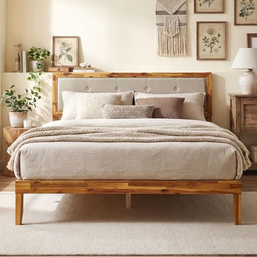 COSTWAY 4FT6 Double/5FT King Size Bed Frame, Solid Acacia Wood Platform Beds with Tufted Headboard and Underbed Storage, Mid-Century Wood Slats Support Bed Mattress Base, No Box Spring Needed (King)
