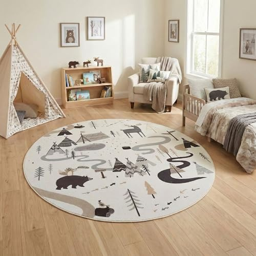 Carpetsale24 Kinderteppich Wald Tiere Spielteppich rund 120 cm für Kinderzimmer in Creme mit Tier Motiv ideal für kleine Spielecken
