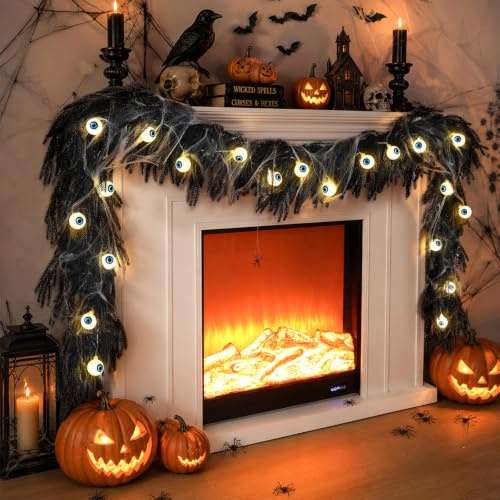 N&T NIETING 9 FT Black Norfolk Pine Garland, Artificial Halloween Garland | Real Touch Artificial Garland, Black Garland with Eyeballs Lights for Mantle Fireplace Indoor Outdoor Halloween Decorations
