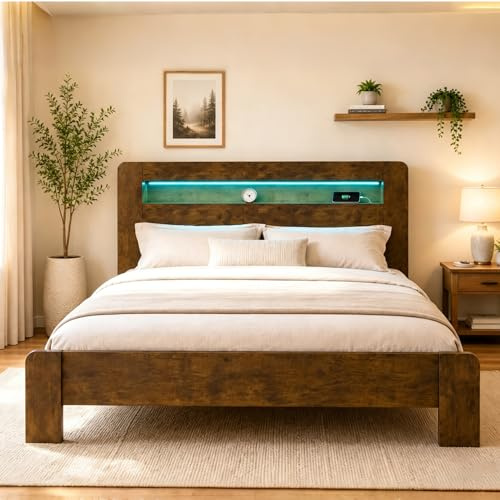 Moimhear Holz Bettgestell, Mit Stauraum im Kopfteil, LED-Beleuchtung, Integrierten Steckdosen, Modernes Plattformbett (Holz, 180x200cm)
