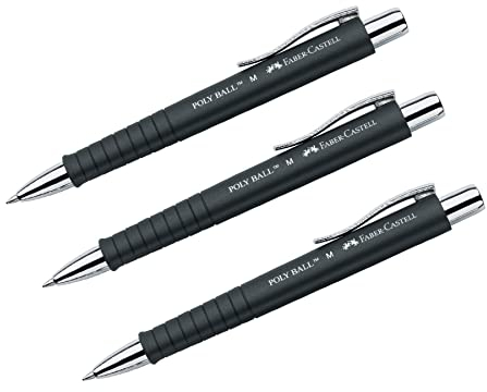 Faber-Castell Kugelschreiber POLY BALL 241199 0,5mm M, ergonomische Dreieckform, rutschfester Schaft, mit Metallclip, dokumentenecht Schwarz (3 Stück)