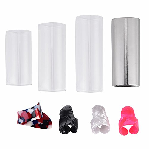 Tbest Lap Steel Slide,Guitar Slides Set Included 3 Glass Slides + Stainless Steel Slides + 4 Plastic Protective Finger Picks + Plastic Box Glass Slide Small