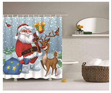 KnSam Duschvorhang Anti-Schimmel Wasserdicht Badezimmer Vorhang Bad Vorhang für Badezimmer Weihnachtsmann mit Geschenk 100% PEVA inkl. 12 Duschvorhangringen 150 x 180 cm