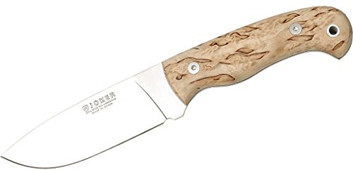 Joker Jagdmesser Montés II CL58, 11 cm Klinge, Griff aus lockigem Birkenholz, Gürtelmesser mit brauner Lederscheide, Werkzeug zum Angeln, Jagen, Camping und Wandern