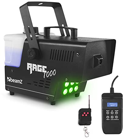 BeamZ Rage 1000LED Machine à Fumée 1000 Watts, LEDs RGB, Réservoir 2 L, Design Unique et Solide, Télécommande sans Fil et Filaire 3m, Etrier de Montage, Idéal pour une Soirée de 70 m²