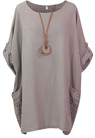 Storm Island Ladies Plain Cotton Top Womens Lagenlook Tunic Baggy Dress Shirt Lace Pockets SI099 (Mocha, One Size UK Fit 14-22)