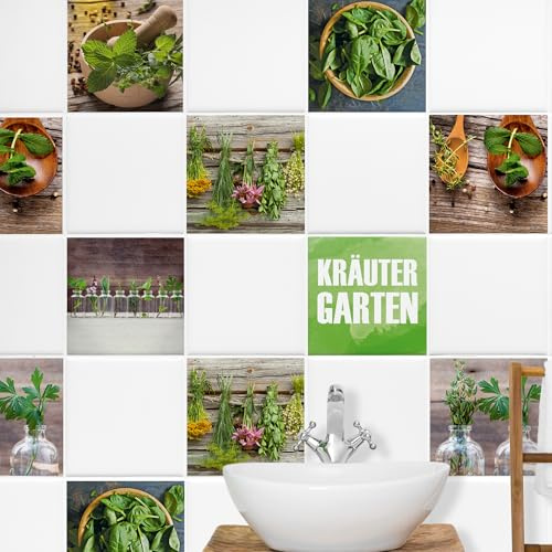 GRAZDesign Fliesenaufkleber Küche Kräuter Garten, Klebefliesen Wandfliese selbstklebend - Kräutergarten