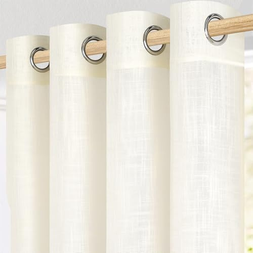 MRTREES Cortinas de Casa de Lino Blanco Marfil 140x245 CM 2 Piezas con Ojales, Cortina Lino Translucida Moderna para Ventanas de Salon Dormitorio y Comedor, Visillo Decorativo