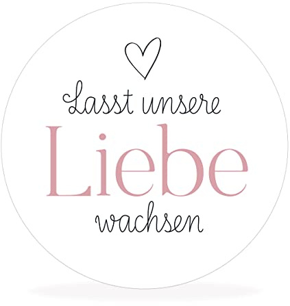 50 runde Aufkleber, Sticker „lasst unsere Liebe wachsen“ | stilvolles Design: herz, rosa | 4cm Durchmesser | selbstklebend | Gastgeschenke für Hochzeit Taufe Geburtstag
