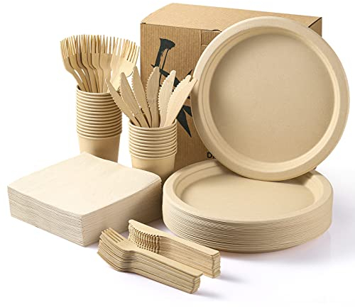 MORGIANA Set di piatti e posate di carta usa e getta, resistenti, in bambù, forchette, tazze, coltelli e tovaglioli, per cena, picnic, campeggio, feste, barbecue, 25 persone (marrone)