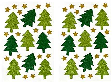 Oblique Unique 50 Weihnachtsbaum Sticker & Sterne - Selbstklebende Glitzer Deko Aufkleber in Grün Gold - Tannenbaum Sticker Set für Weihnachten Basteln Geschenke & Weihnachtskarten Weihnachtsdeko