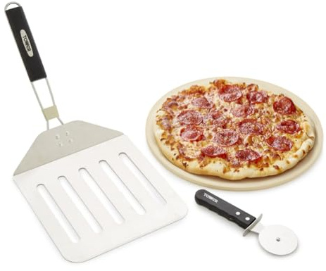 Tower T932025 3 Piece Pizza Tool Set includes Pizza Stone, Cutter and Paddle, Suitable for 12” Pizza’s, Stainless Steel