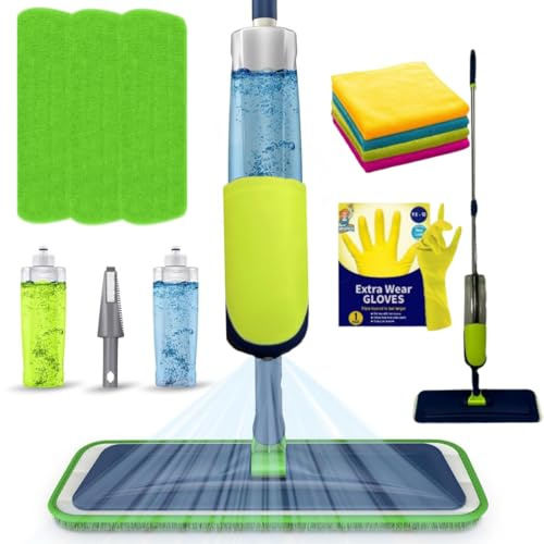SWISSPACK- Bundle Spray Mop Pack- Microfiber Cloths 4 Pcs Mop Spray for Floors 3 Pads, Gloves and 600Ml Refillable Bottle Suitable for Hardwood, Marble, Tile, Laminate, or Ceramic Floors- Falcon