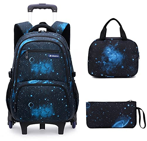 Mildame Galaxy Print Rolling Backpack for School Boys Girls with Lunch Bag Teens Bookbag with Wheels Kids Trolley Bag Set, Six Wheels