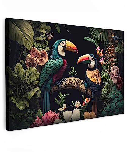 MuchoWow© Bild auf Leinwand Groß XXL Schlafzimmer Bilder Wand Deko - Natur | 120x80 cm - Wohnzimmer Modern Wanddeko Bilderwand Geschenk Vogel - Blumen - Pflanzen - Dschungel - Schwarz - Tukan