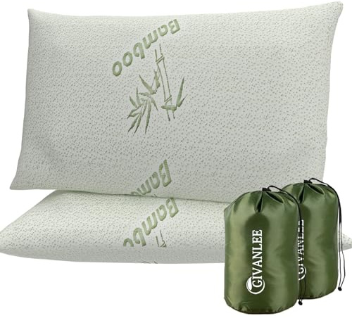 GIVANLEE Camping Pillow for Sleeping 2 Pack,Compact Travel Pillow Filled in Shredded Memory Foam,Portable with Storage Bag,Soft Cover,Small Pillow for Camp Backpacking Hiking Gear&Accessories