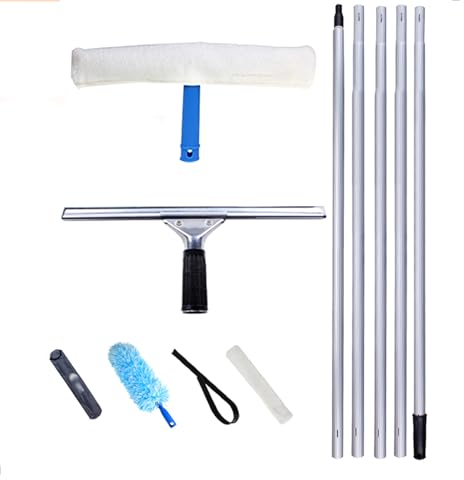 Fensterabzieher als Kombi-Set, Glaswischer mit 5m Verlängerungsstange, Profi Fensterwischer Gummilippe Breiter 35cm für Glas-Reinigung Wasserschaum Fliesen Badezimmer Spiegel Hohe Fenster