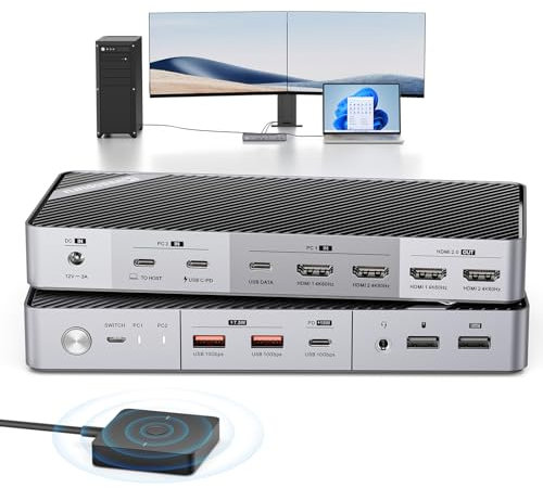 Minisopuru KVM Switch for Laptop & Desktop - 4K@60Hz KVM Switch Dual Monitor with 2 HDMI, 15W Charge, KVM Docking Station for Thunderbolt 4/3, USB-C Windows Laptops(Not Support MacBook)