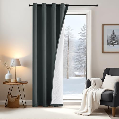 EMEMA Thermovorhang Kälteschutz Vorhänge Grau Thermogardine Doppellagige Kälteschutzvorhang Winter 1 Verdunklungsvorhang Stück Vorhang Hängend Raumteiler Türvorhang den Wind 260x132cm