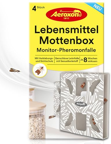 Aeroxon Lebensmittelmotten Falle, 4 Stück Mottenbox mit Klebefläche | Geruchlos gegen Dörrobst- und Mehlmotten, bis zu 8 Wochen wirksam, diskret für Küche und Vorratskammer