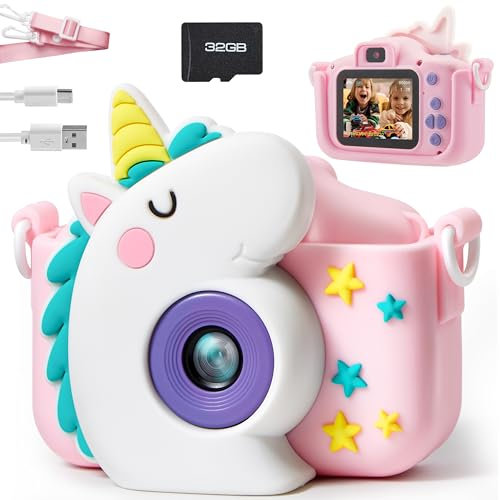 SYNCFUN Kids Camera For Girls Age 3-12,Childrens Camera Kids Toys With Screen 1080p Hd Selfie Video Camera 32gb Sd Card Christmas Birthday Gifts For Kids Age 3 4 5 6 7 8 9,Unicorn Toys(Pink)