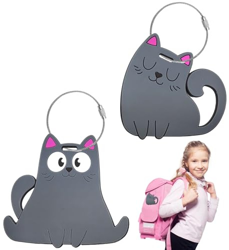 Kofferanhänger Flugreise, 2-Pcs Sichere Koffer-Tags Wasserdichte PVC-Gepäck-Etiketten mit Stahlschlaufe und Name Adresse Tel-Karte für Reisetasche (Katze)