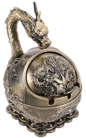 Garneck Vintage Gothic Ashtray with Lid, Metal Dragon Design, Wind-proof and Portable, Hand Carved Decorative Ash Holder for Indoor and Outdoor Home or Office Use