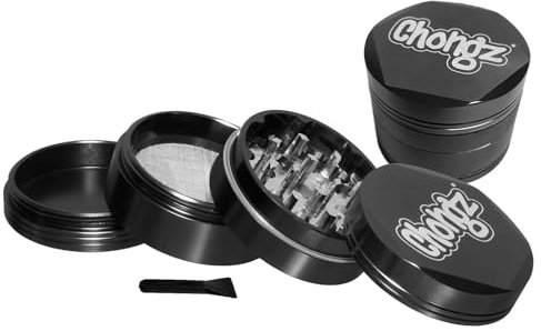 Chongz 54mm Sharp Shark Magnetic bi-Metallic 4 Part Hex Grinder Colour co-ordinated Aluminium Chassis, with Milled Steel Grinding Surface and Sieve, Scraper Tool 26 Diamond Shaped Teeth (Black)