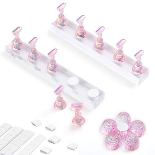 Narsikar 2 Set Nail Stands, Nail Holder for Painting Nails, Acrylic Nail Stand for Press on Nails Display Stand with Adhesive Putty Practice Nail Art Tools for Homes Salons (Pink)