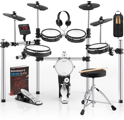 AKLOT Electric Drum Set with Kick-Tower: 4 Dual Zone Mesh Pads, 8’’ Tower-Style Kick Drum, 10’’ Snare, Dual Zone 10’’ Cymbals with Choke, 360 Sounds, User Kit, USB-MIDI, Throne, B-CORE 540 Air, Silver