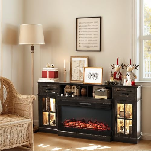 Bonnlo Fireplace TV Stand for Up to 80'' TVs, Electric Fireplace Heater with 3-Sided Glass Doors, LED Media Console, Storage Drawers & Shelves, Entertainment Center, Dark Rustic Oak