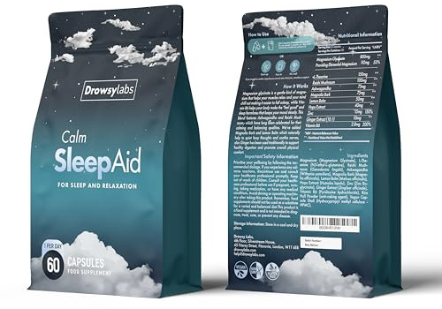 Drowsy Labs Magnesium Glycinate Calm Sleep Aid Capsules | with 5-HTP, Valerian Root, L-Theanine, Passionflower | High-Absorption Magnesium Supplement for Night-Time Sleep Support | 60 Capsules