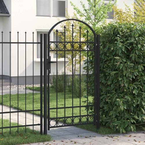 Portail de clôture avec dessus bombé, en acier revêtu par pulvérisation, 104 x 175 cm, noir, porte de jardin pour extérieur, barrière robuste