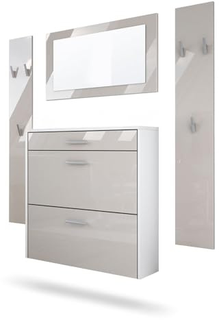 InnoFurn Garderoben-Set Roma Air 4-teilig, Moderne Flurgarderoben Set mit Schuschrank, 2 Wandpaneele und Wandspiegel für Flur & Eingangsbereich,Weiß matt/Sandgrau Hochglanz