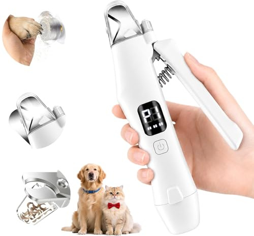 Krallenschere für Hunde mit LED-Licht, 2-in-1 Krallenschleifer & Krallenschneider für Hunde/Katzen, Leise Krallenfeile mit 3 Geschwindigkeiten, Auffangbehälter, USB-C, für Kleine bis Große Haustiere