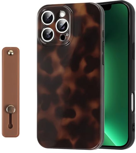 Rainway for iPhone 13 Pro Case Cute Leopard Print Amber Tortoise Camera Protection for Women Girls with Wrist Adjustable Hand Strap, Aesthetic Silicone Shockproof Protective Cover - Brown