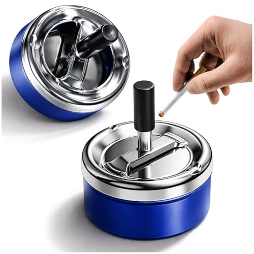 com-four® 2x Aschenbecher – Drehaschenbecher Metall Ø 9 cm – Windaschenbecher mit Deckel und Drehmechanismus – geruchshemmender Tischaschenbecher für Innen & Außen (2 Stück - Metall/blau)