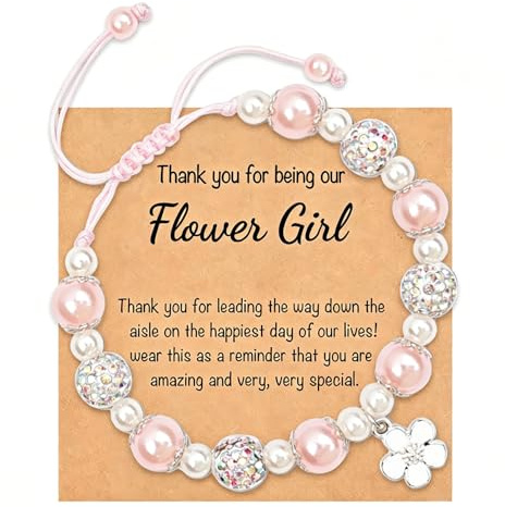 Komergave Flower Girl Bracelet, Flower Girl Proposal Bracelet with Thank You Card, Adjustable Pink White Artificial Crystal Pearl Flowergirl Jewelry, Sweet Bridal Party Bridesmaid Wedding Gift