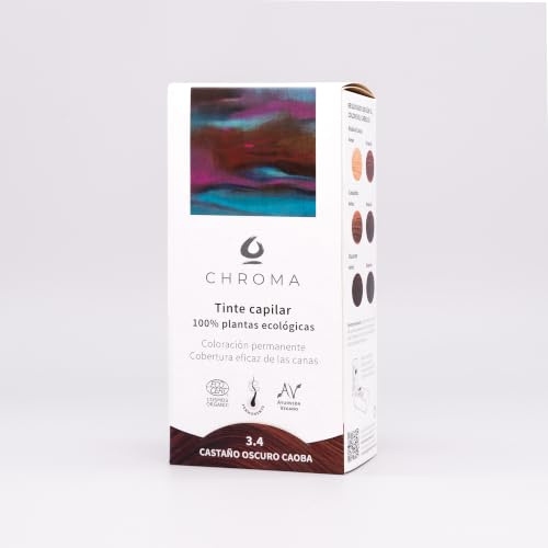 Tinte Vegetal Ecológico Chroma 3.4 Castaño Medio Caoba, Coloración Permanente, Cobertura Total de Canas, 100% Plantas Naturales, Sin Amoníaco ni PPD