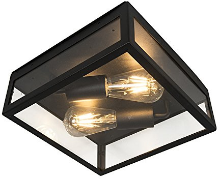 Qazqa Modern außen Deckenleuchte, Deckenlampe für den Garten - Rotterdam - Schwarz, max. 60W, Geeignet für LED, 10cm, IP23, Quadratisch, 2-flammig