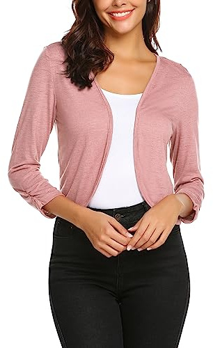 Parabler Chaqueta Mujer Corto 3/4 Manga Bolero Festivo Elegante Frente Abierto Cardigan Casual Hombro Chaqueta Corto Bolero Rosa M