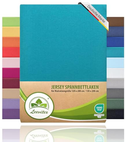 leevitex® Spannbettlaken 120x200cm - 130x200cm | Spannbetttuch Bettlaken | 100% Jersey Baumwolle | Matratzenhöhe bis 25 cm | Ökotex | Petrol/Smaragd Blau