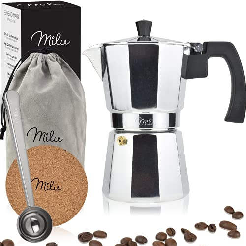 Milu Cafetera Italiana (sin inducción) | 2, 3, 6, 9 Tazas | Cafetera Moka de Aluminio, Expresso Maker - Set comprensivo di sottobicchiere, cucchiaio, spazzola (Aluminio, 2 tazze (100ml)