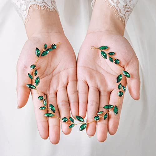 IYOU Haarschmuck Hochzeit Grün Strass Brautschmuck für Damen | Haarrebe Grün Gold Kopfschmuck Gast Abschlussball für Brautjungfern