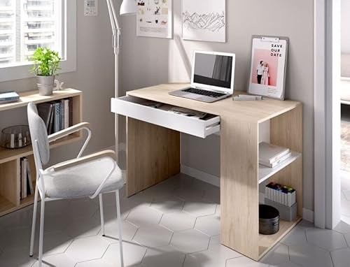 CAESAROO Scrivania 115x50 cm Olivia Bianco Opaco e Rovere Naturale con cassetto e ripiano Laterale - Bianco e Naturale
