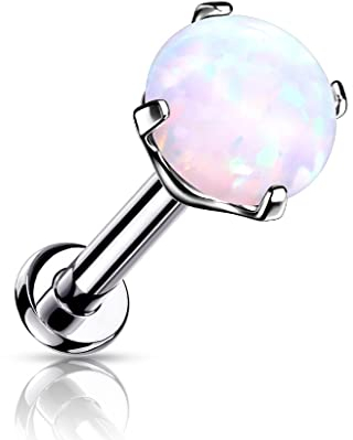Paula & Fritz® Push-In Labret Piercing Kugel Opal 3-mm Weiß Titan-IUM Grade 23 Piercing 1-mm Stab-Dicke 6-mm Lang Madonna Medusa Monroe Tragus Helix