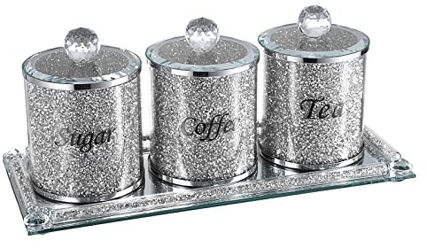 BTSKY Set of 4 for Sugar Coffee Tea Canisters With Lid and Tray - Glass Mirrored with Crushed Diamonds Container for Kitchen Table, Decorative Sparky Glass Decor Counter Constainers