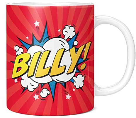 Mug Monster - Personalised Name Mug, Comic Super Hero Customised Gift with Text - Ceramic Coffee Cup, Gift for Men or Women, Extra Large and Giant Available, 20oz White, Red